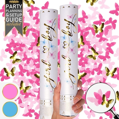 Giới tính tiết lộ Confetti Cannon Butterfly Shape Pink 2 Pack Giới tính tiết lộ Boy Girl Poppers